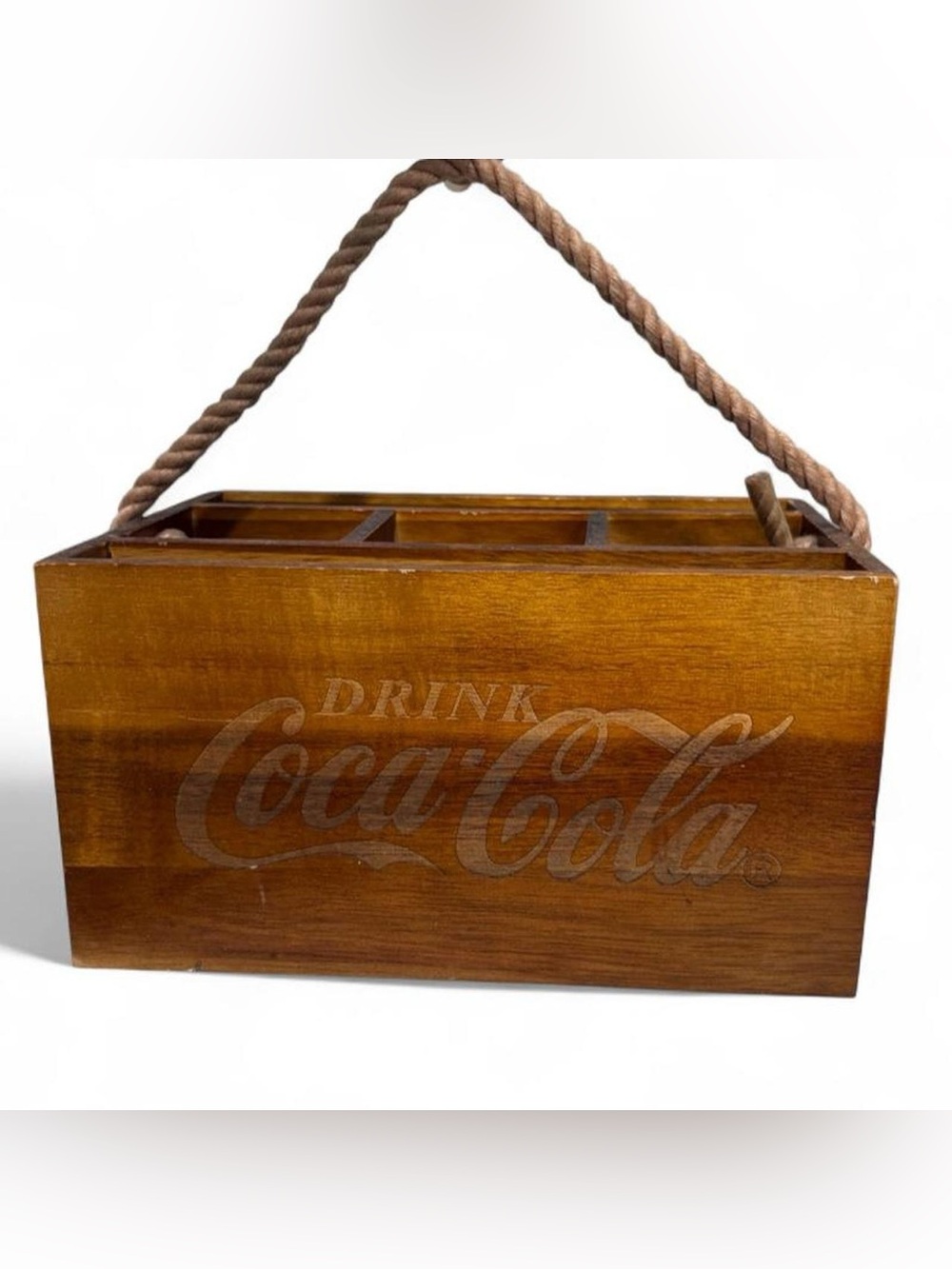 TableCraft Coca-Cola Wooden Flatware Caddy Utensil Holder Rope Handle